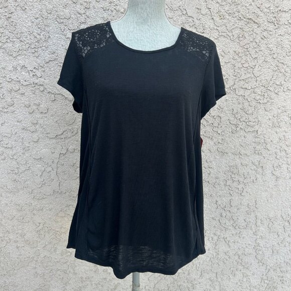 NWT Womens Black Lace Shoulder/Back Casual Top By Faded Glory Size Large - Picture 1 of 5